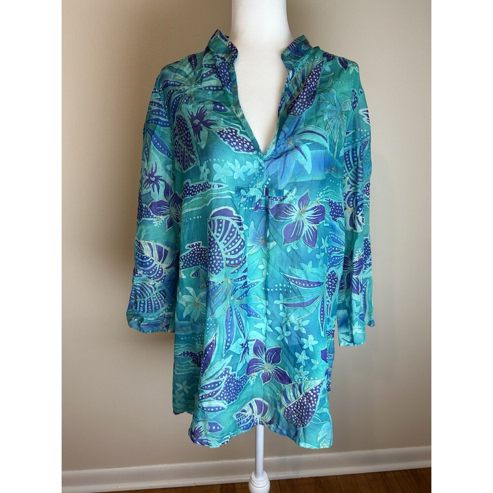 Boo Gemes 1X Silk Shirt Blouse Top Popover Tunic Floral Resort Hawaiian Lilly